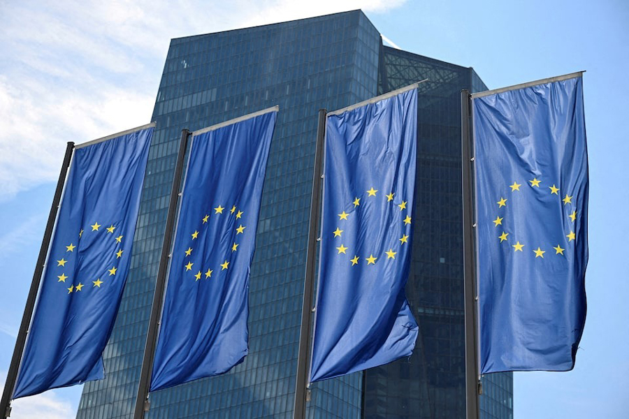 EU flags flutter in front of European Central Bank (ECB) headquarters in Frankfurt, Germany July 18, 2024.