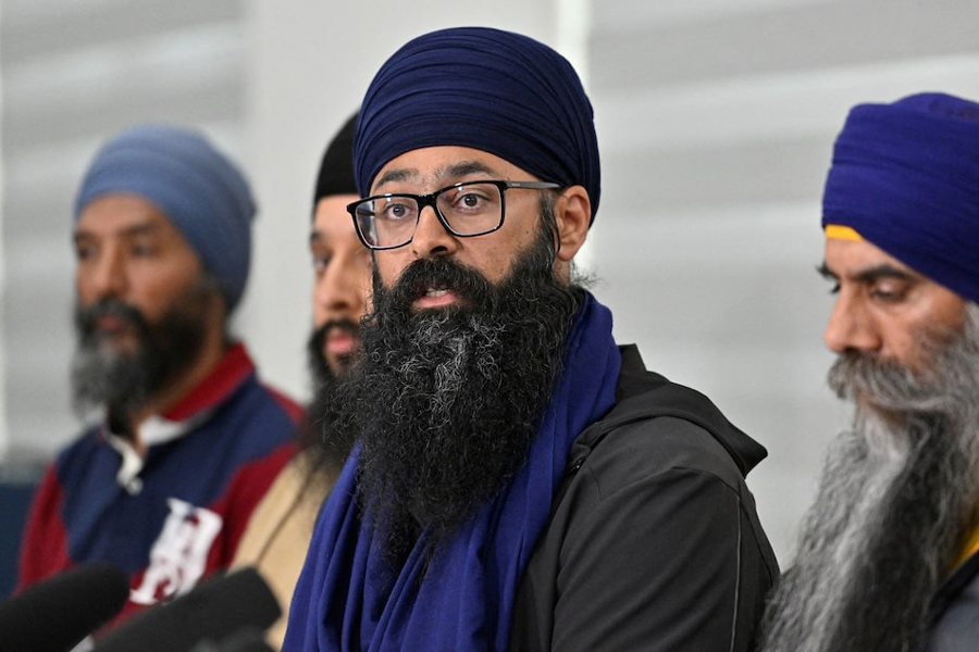Moninder Singh, spokesperson for BC Gurdwara council speaks at a press conference held at Guru Nanak Sikh Gurdwara, site of the 2023 murder of Sikh separatist leader Hardeep Singh Nijjar, in Surrey, British Columbia, Canada May 3, 2024.