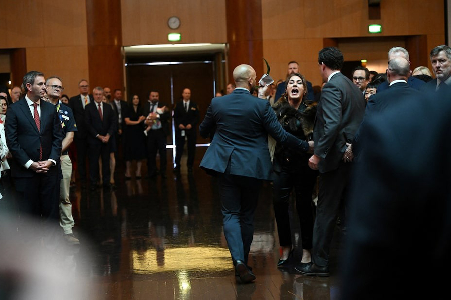 Australian Senator Lidia Thorpe stages a protest as Britain’s King Charles and Queen Camilla attend a Parliamentary reception in Canberra, Australia - 21 Oct 2024.