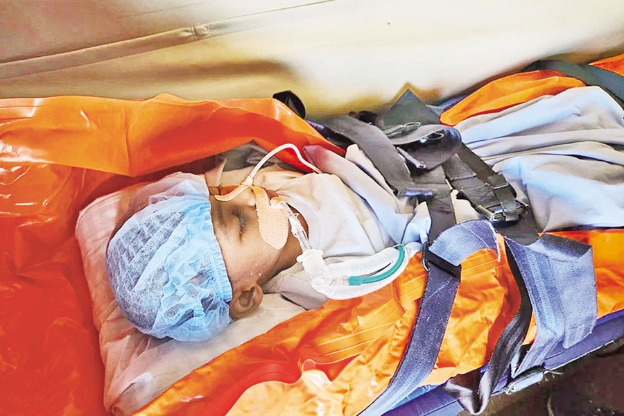 Seven-year-old Basit Khan Musa, who was fighting for his life for the last 94 days after being shot in the head during anti-discrimination movement, was sent to Singapore by a special air ambulance on Tuesday for better medical treatment. — Focus Bangla