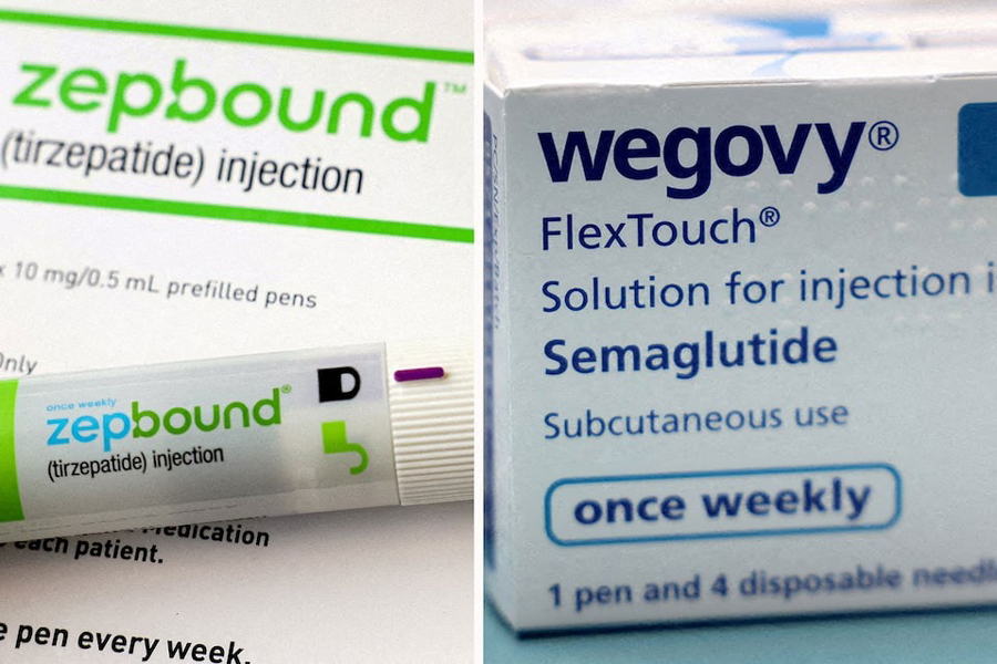 A combination image shows an injection pen of Zepbound, Eli Lilly’s weight loss drug, and boxes of Wegovy, made by Novo Nordisk.
