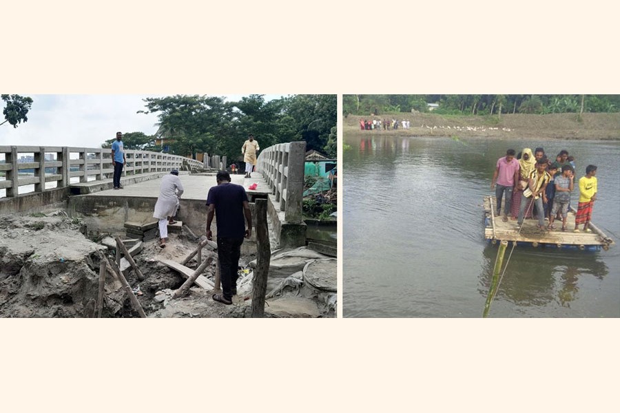 Photos show the dilapidated Kheya Ghat bridge over the Nabaganga River in Magura district town (left) and locals of Chowagacha upazila of Jashore cross the Kapotaksho River by making floating bamboo rafts as there is no wooden bridge over the traditional river