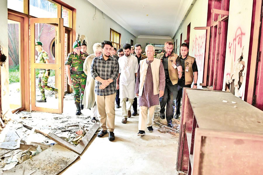 Chief Adviser Prof Muhammad Yunus visits Ganabhaban in the capital on Monday to see the progress in transforming it into a museum dedicated to preserving the memories of the July-August uprising. — PID