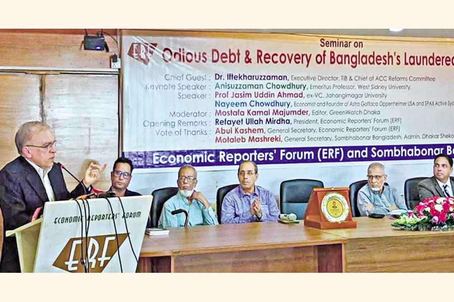Dr Iftekharuzzaman, executive director of Transparency International Bangladesh (TIB) addressing a seminar titled 'Odious Debt & Recovery of Bangladesh's Laundered Wealth', organised by the Economic Reporters' Forum (ERF) and Sombabonar Bangladesh at the ERF Auditorium in the city's Purana Paltan area on Saturday. — Focus Bangla