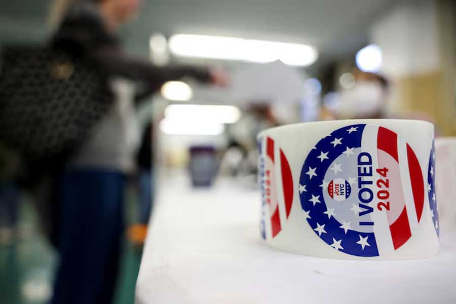 A view shows "I voted" stickers at P.S. 140 Nathan Straus Elementary School, on Election Day in Manhattan, New York City.