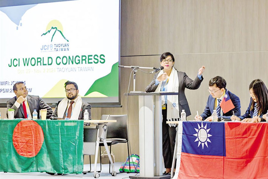 Samiha Akhter (third from left) delivering her speech during the JCI World Debating Championship, while Muntasir Mamun (far left) and Zafir Shafiee Chowdhury (second from left) prepare for their turns in Taoyuan, Taiwan recently