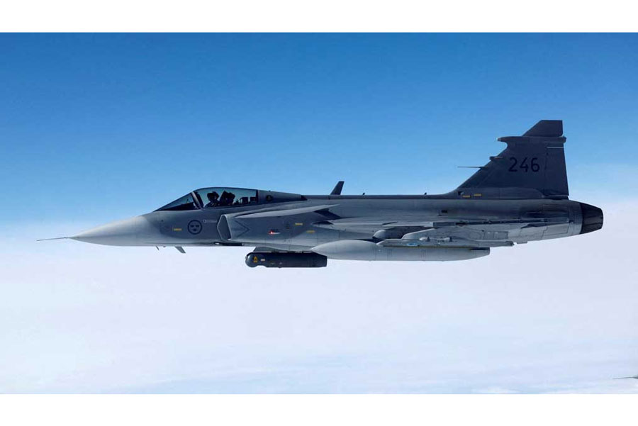 A Swedish Air Force Saab JAS 39 Gripen fighter jet flies during a media day, illustrating how NATO Air Policing safeguards the Allies’ airspace in the northern and northeastern region of the Alliance, July 4, 2023.