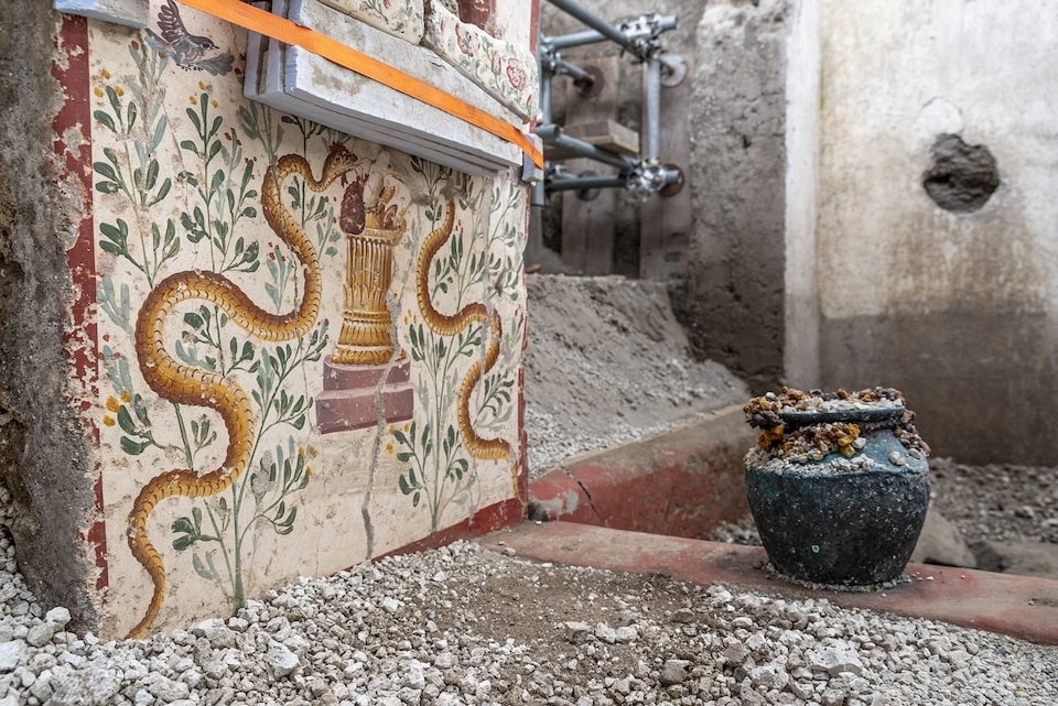 A detail of a richly decorated but uncommonly small house with finely preserved frescoes of mythological scenes is pictured in the archaeological site in Pompeii, Italy, in this handout photo obtained by Reuters on October 24, 2024 — Parco Archeologico di Pompei/Handout via REUTERS/File