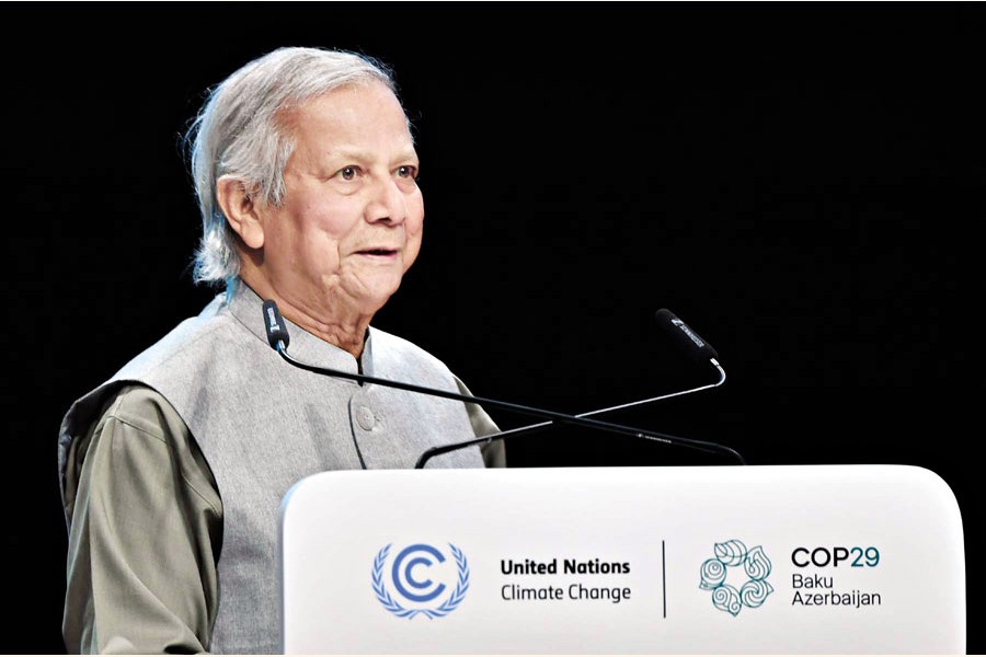 Chief Adviser Prof Muhammad Yunus speaks at the 29th Conference of Parties (COP29) held in Baku, Azerbaijan, on Wednesday. — PID
