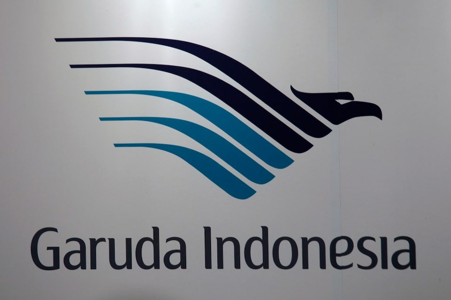A company logo of Garuda Indonesia airline is displayed during a news conference in Hong Kong September 16, 2011.