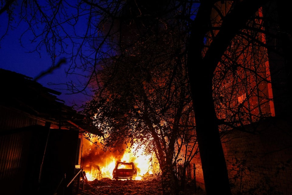 A car burns during a Russian drone strike in Kyiv, November 7, 2024.