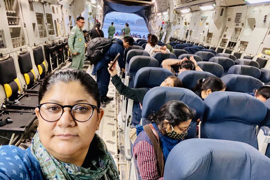 Nayanima Basu at a C-17 Globemaster with the entire Indian Embassy staff in Kabul, ITBP personnel and other civilians on August 17, 2021 —Basu@X Photo