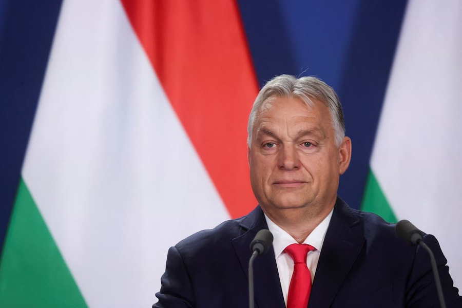 Hungarian Prime Minister Viktor Orban looks on as he gives a statement next to Serbian President Aleksandar Vucic (not pictured) in Budapest, Hungary, November 14, 2024.