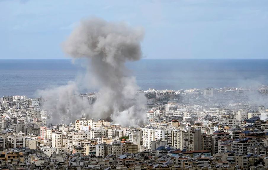 Smoke rises after an Israeli airstrike on Dahiyeh, in the southern suburb of Beirut, Lebanon on Monday. Bilal Hussein/AP