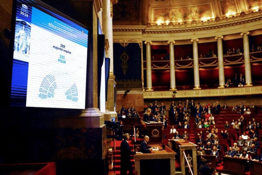 A screen shows the result of the vote on the first motion of no-confidence against the French government, tabled by the alliance of left-wing parties the "Nouveau Front Populaire", after the use by French government of the article 49.3, a special clause in the French Constitution, to push the budget bill through the National Assembly without a vote by lawmakers, at the National Assembly in Paris, France, December 4, 2024.