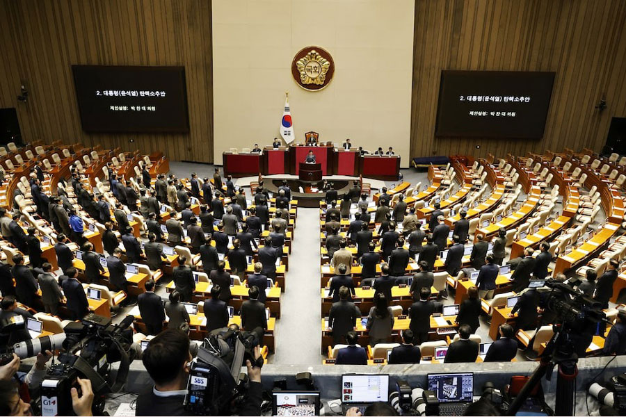 General view of lawmakers in the voting chamber during the plenary session for the impeachment vote of President Yoon Suk Yeol at the National Assembly in Seoul, South Korea, 07 December 2024.