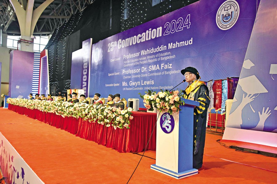 Education and Planning Adviser Professor Wahiduddin Mahmud speaks at the 25th Convocation of North South University at the Bangladesh-China Friendship Exhibition Centre at Purbachal, Dhaka on Saturday