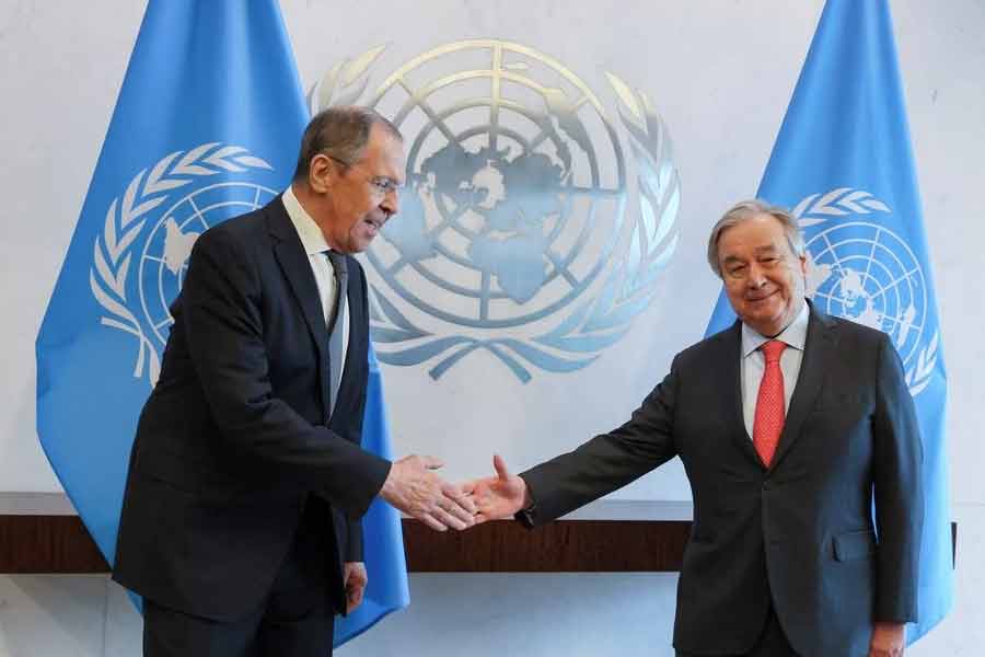 United Nations Secretary-General Antonio Guterres and Russian Foreign Minister Sergei Lavrov shaking hands at a meeting of the United Nations Security Council on "Effective multilateralism through the defence of the principles of the Charter of the United Nations," at the UN headquarters in New York on Monday -Reuters photo