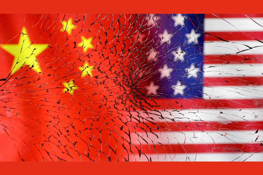 US and Chinese flags are seen through broken glass in this illustration taken Jan 30, 2023.