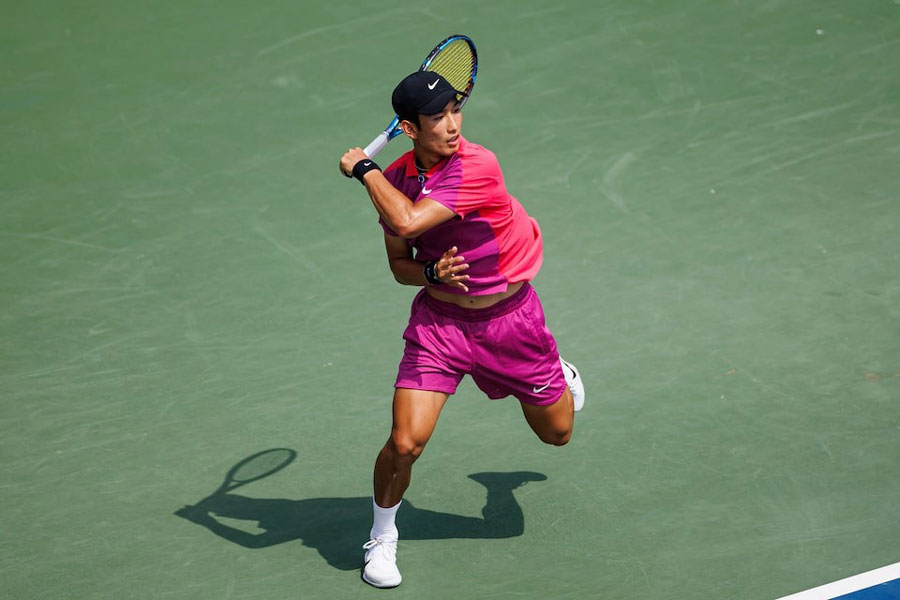 Aug 28, 2024; Flushing, NY, USA; Juncheng Shang of China hits to Alexander Bublik(not pictured) of Kazakhstan on Day One of the 2024 US Open tennis tournament at USTA Billie Jean King National Tennis Center.