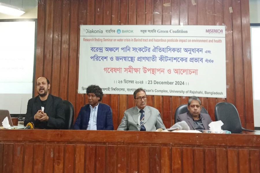 Speakers at a seminar on the Water Crisis in Barind Tract and Hazardous Pesticide Impacts on Environment and Public Health at the Deans' Complex of Rajshahi University on Sunday