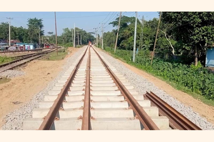Installation work of railway tracks in the Kulaura-Shahbajpur railway section that resumed is now continuing at a slow pace