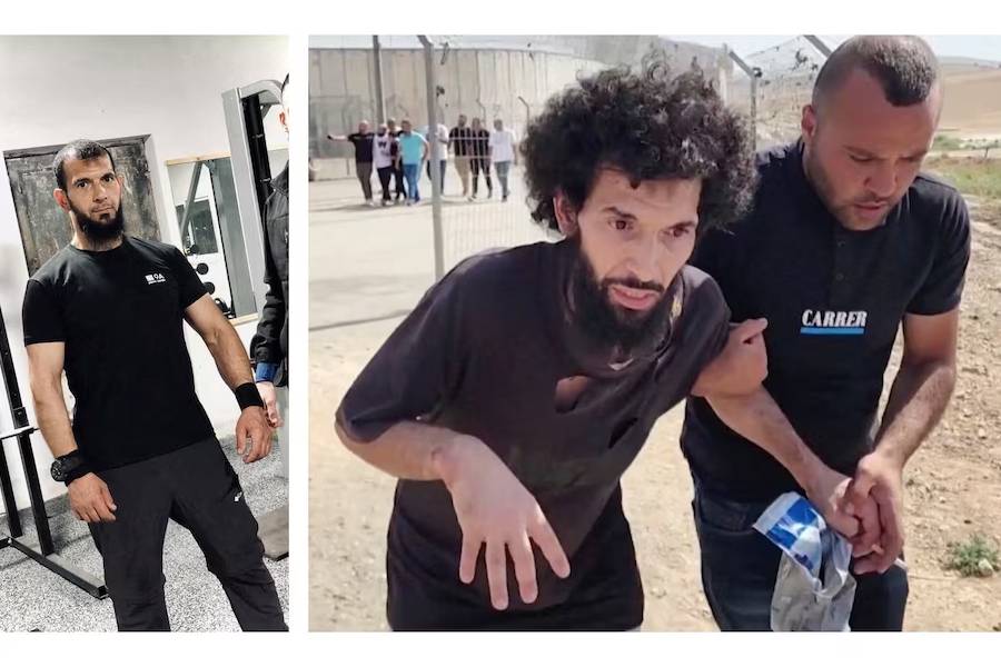 A combination image shows Palestinian Moazaz Obaiyat in an undated handout image as he trains in a gym, prior to his arrest, near Bethlehem and Obaiyat in a screengrab from video, as he walks after being released from an Israeli jail, near Hebron in the Israeli-occupied West Bank, July 8, 2024.