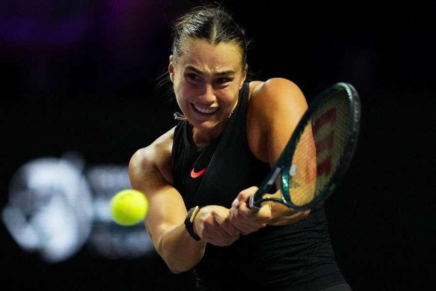Tennis - WTA Finals - King Saud University Indoor Arena, Riyadh, Saudi Arabia - November 8, 2024 Belarus’ Aryna Sabalenka in action during her women’s singles semi final match against Coco Gauff of the US REUTERS/Aleksandra Szmigiel/Files