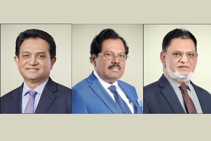 A photo collage of A. K. Azad (on the left), Mohammed Younus and Mohiuddin Ahmed