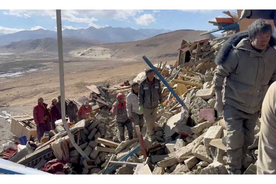 Rescue teams work amidst rubble in the aftermath of an earthquake in a location given as Shigatse City, Tibet Autonomous Region, China, in this screengrab obtained from a handout video released on Jan 7, 2025.