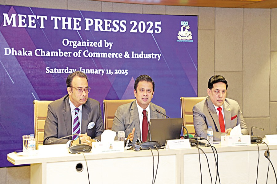 Taskeen Ahmed, President of the Dhaka Chamber of Commerce and Industry (DCCI), speaks at a press briefing at the trade body's office at Motijheel in the city on Saturday