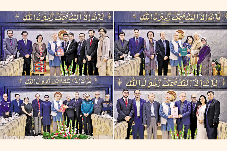 (Clockwise, from left, top): The Constitution Reform Commission, the Electoral System Reform Commission, the Anti-Corruption Commission Reform Commission, and the Police Administration Reform Commission handed over their reports to Chief Adviser Professor Muhammad Yunus in his office in the capital on Wednesday. — PID Story on Page 1