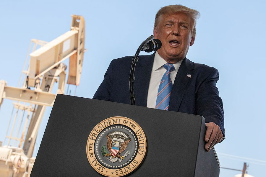 US President Donald Trump delivers a speech during a tour of the Double Eagle Energy Oil Rig in Midland, Texas, US, July 29, 2020.