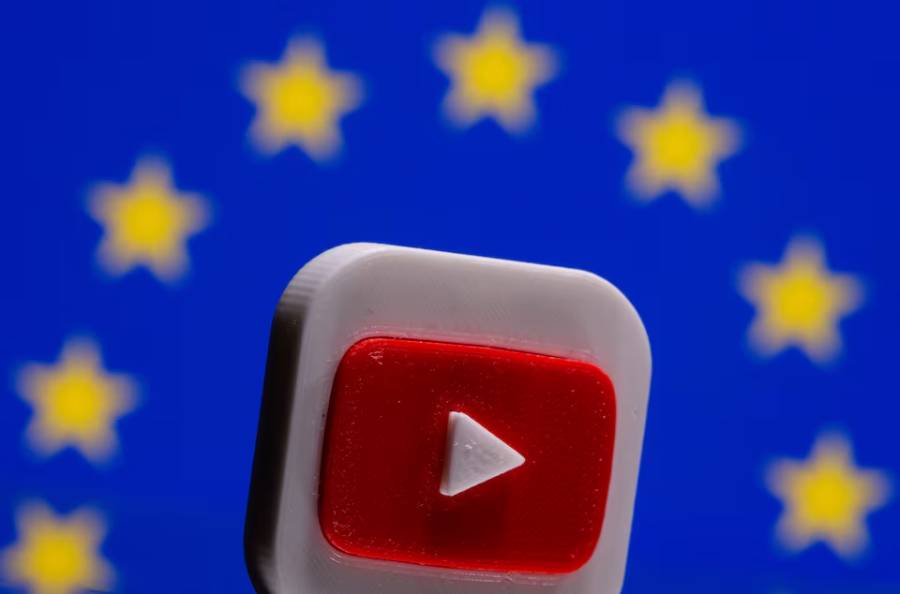 A 3D printed Youtube logo is seen in front of a displayed EU flag in this illustration picture taken on June 21, 2021.