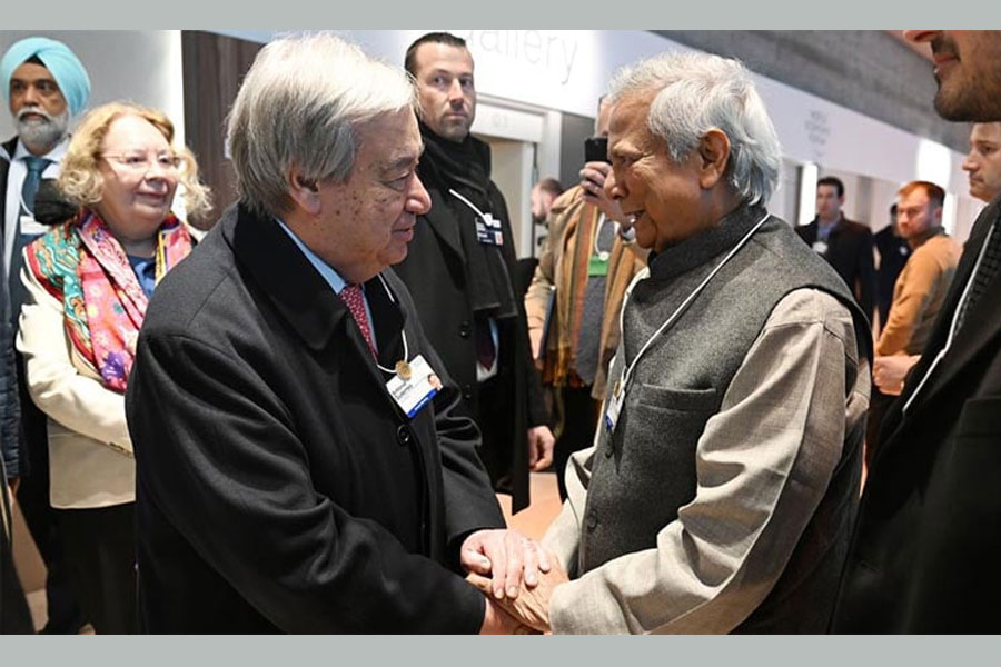 Chief Adviser Professor Muhammad Yunus today met UN Secretary General Antonio Guterres on the sidelines of WEF summit in Davos, Switzerland. Photo: Chief Adviser GOB Facebook page
