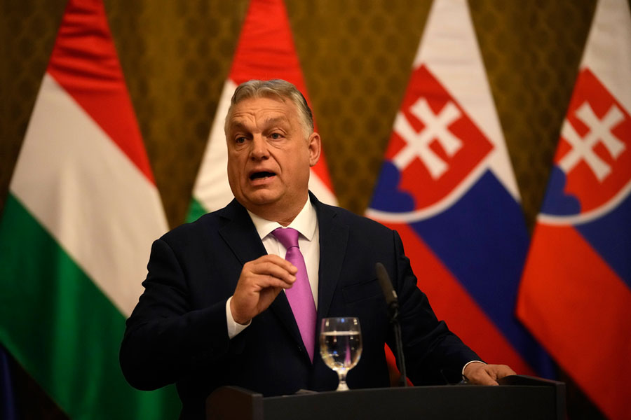 Hungarian Prime Minister Viktor Orban addresses media during his visit to Bratislava, Slovakia, Tuesday, Jan 21, 2025.