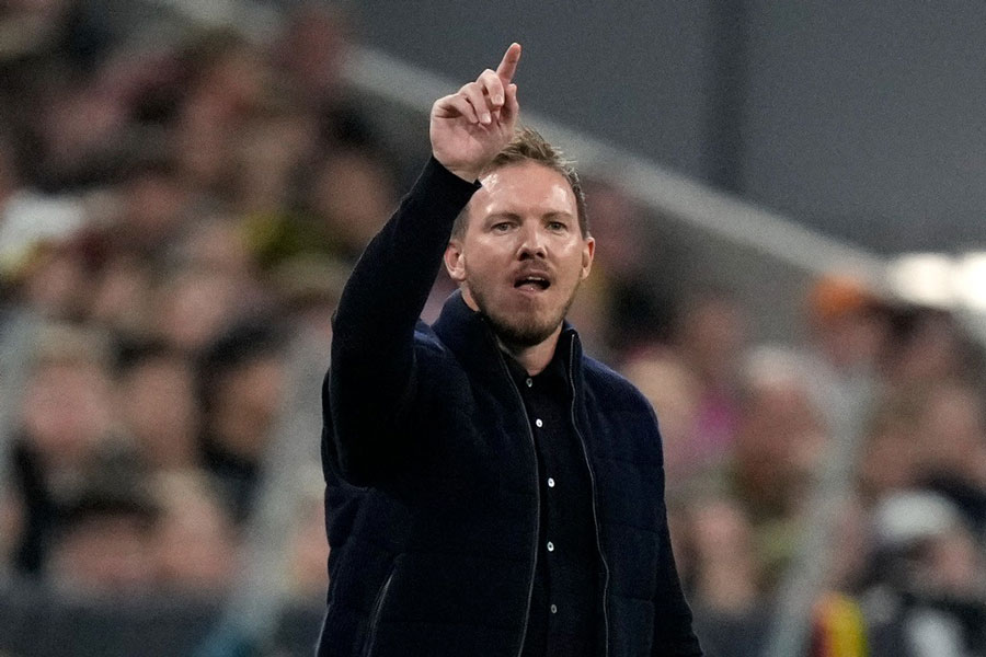 Germany's head coach Julian Nagelsmann reacts during the UEFA Nations League group 3 soccer match between Germany and The Netherlands in Munich, Germany, Monday, Oct 14, 2024.