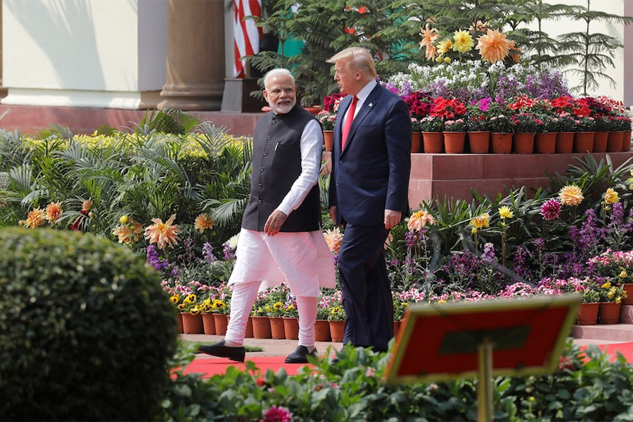 US President Donald Trump and India's Prime Minister Narendra Modi arrive for their joint news conference at Hyderabad House in New Delhi, India on February 25, 2020 — Reuters/File