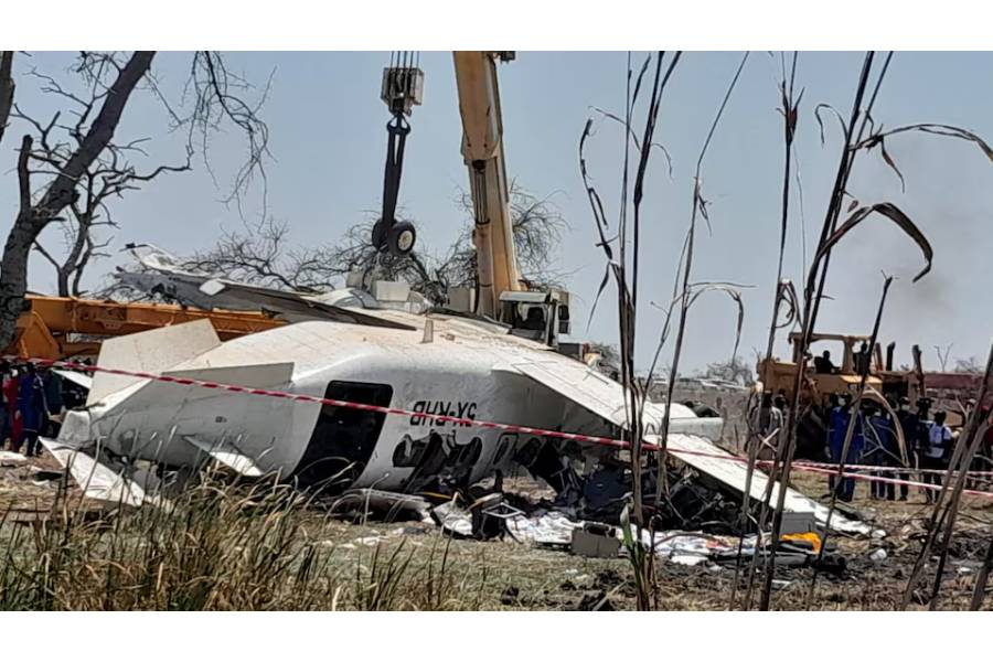 The wreckage of a plane that crashed, killing people as it was heading to the capital Juba, at the Unity oilfield airport, Unity State, South Sudan, January 29, 2025.
