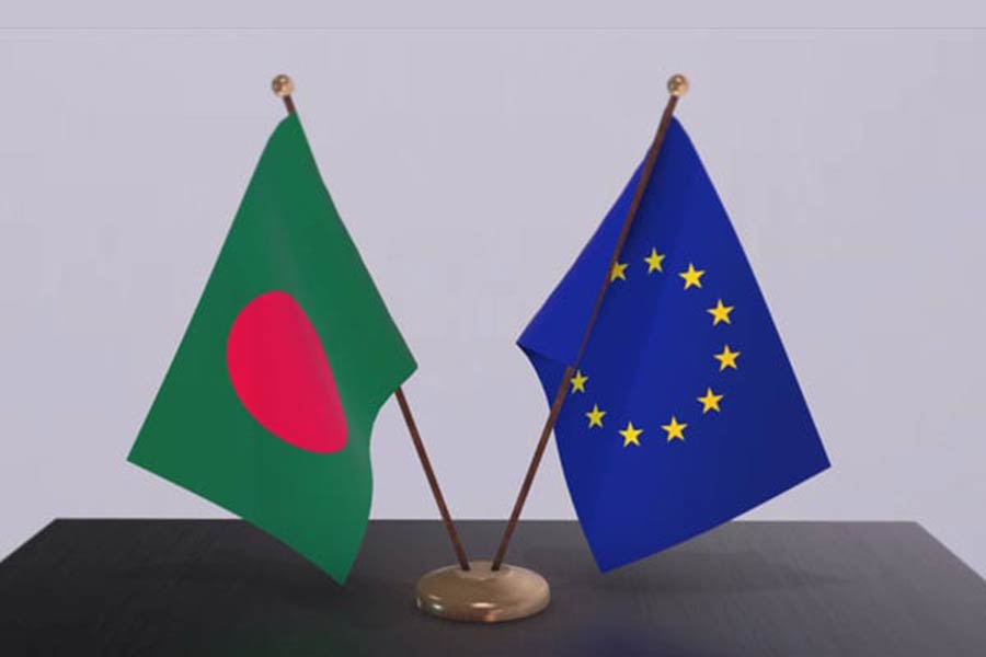 Flags of Bangladesh and European Union (EU) are seen cross-pinned in this illustrative photo