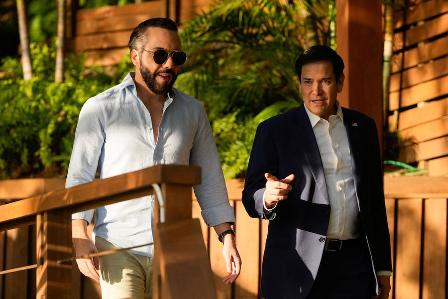 US Secretary of State Marco Rubio meets with El Salvador’s President Nayib Bukele at his residence at Lake Coatepeque, El Salvador, Monday, Feb. 3, 2025.