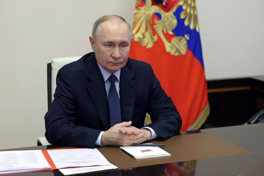Russian President Vladimir Putin chairs a meeting with members of the Security Council of Russia via video link at the Novo-Ogaryovo state residence outside Moscow, Russia January 31, 2025.