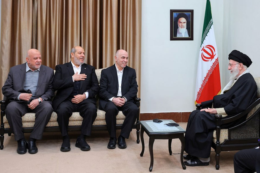 Iran's Supreme Leader Ayatollah Ali Khamenei meets with the head of the Political Council of Hamas, Mohammed Ismail Darwish and senior officials of Hamas, in Tehran, Iran, February 8, 2025.