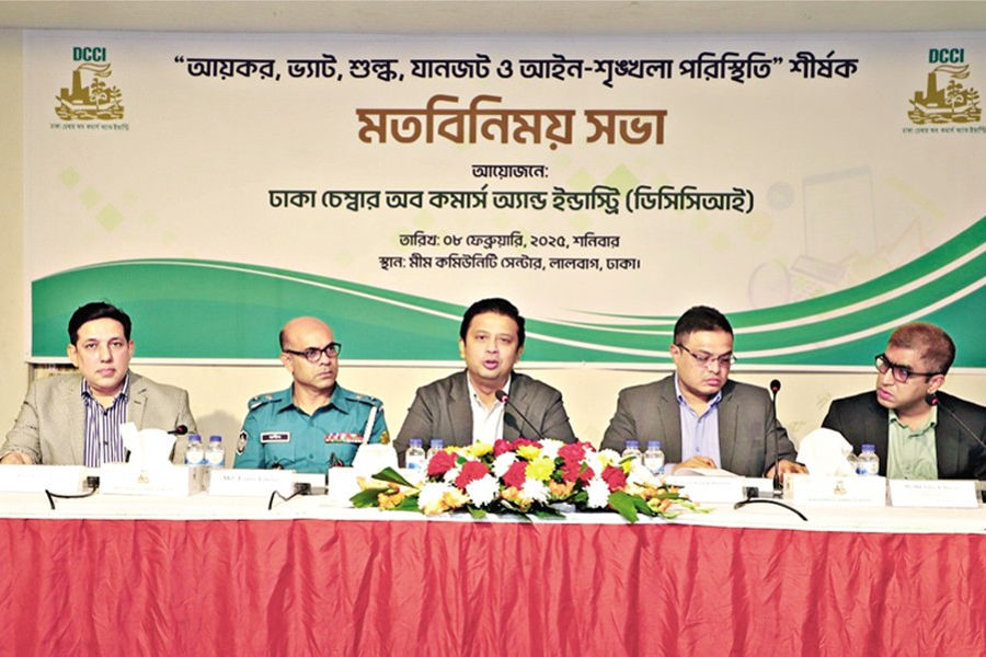 DCCI President Taskeen Ahmed speaks at a view-exchange meeting with small and medium entrepreneurs of old part of Dhaka in the city on Saturday.