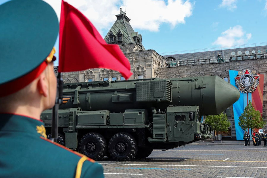 Russian Yars intercontinental ballistic missile launcher takes part in the Victory Day military parade general rehearsal on the Red Square in Moscow, Russia, May 5, 2024.