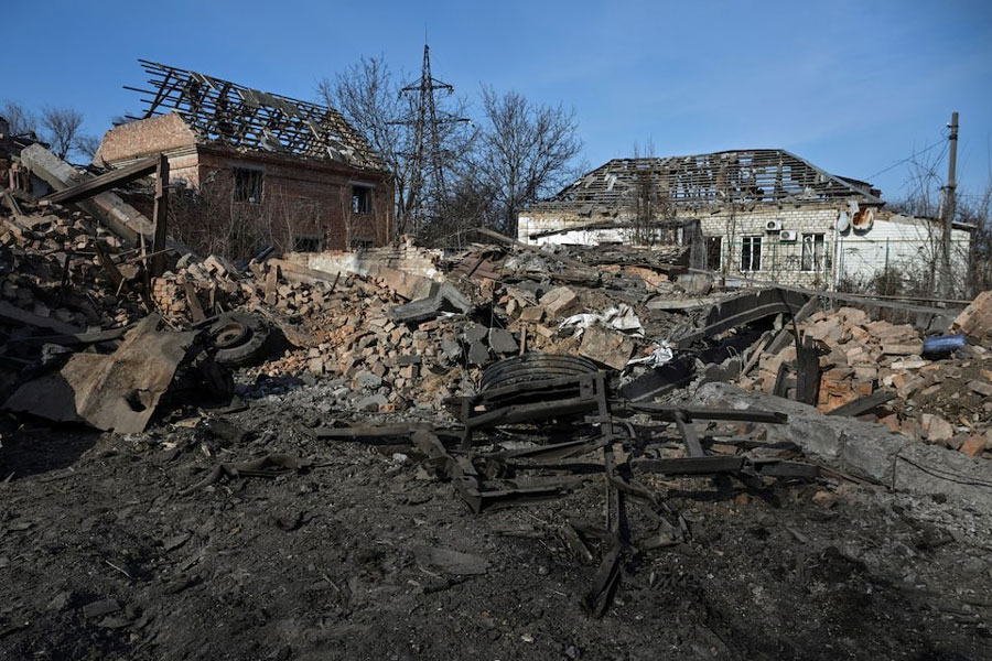 A view shows residential buildings destroyed by Russian military strikes in the frontline town of Orikhiv, amid Russia’s attack on Ukraine, in Zaporizhzhia region, Ukraine February 12, 2025.