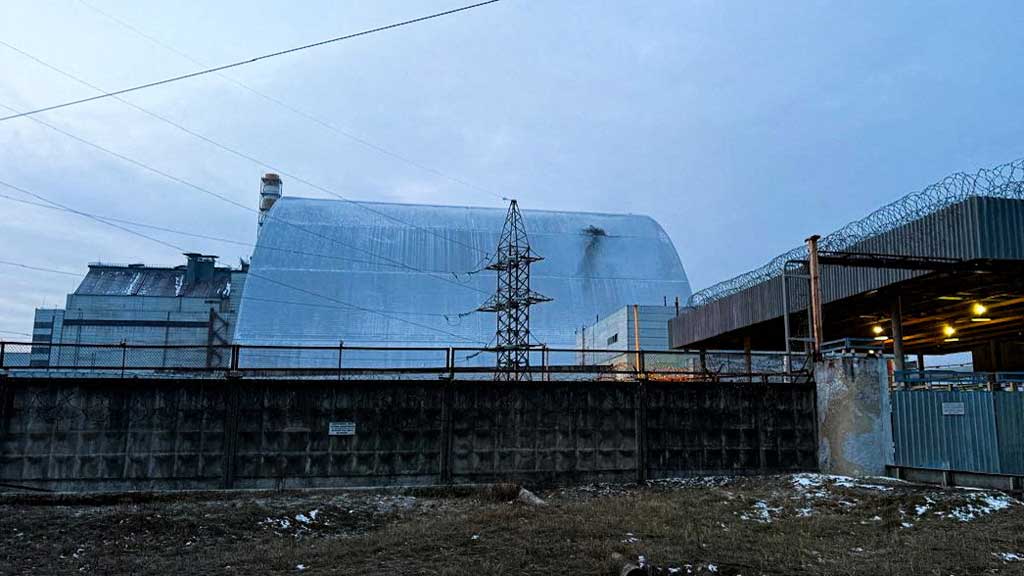 A view shows the New Safe Confinement (NSC) structure, that covers the old sarcophagus which confines the remains of the damaged fourth reactor, after it was hit by what Ukrainian President Volodymyr Zelenskiy said is a Russian drone strike said, amid Russia's attack on Ukraine, at the Chornobyl Nuclear Power Plant, in Kyiv region, Ukraine Feb 14, 2025. Press service of the State Emergency Service of Ukraine/Handout