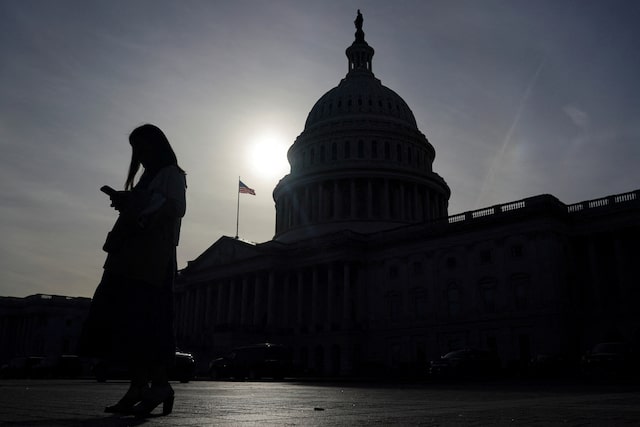A person uses a mobile phone with the US Capitol building in the background on Capitol Hill in Washington, U.S., November 13, 2024. REUTERS/Nathan Howard/File Photo