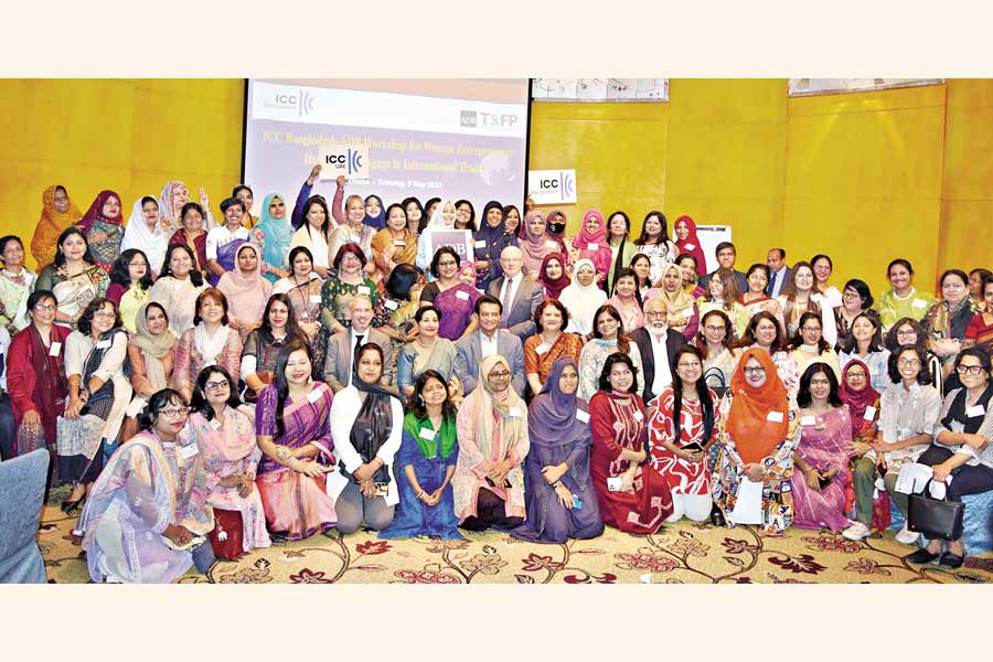 The participants of a workshop organised by ICC Bangladesh pose with ICC Bangladesh Vice President AK Azad (8th from left in 2nd row); former chairman & Director of MIDAS Parveen Mahmud FCA (7th from left in 2nd row); ADB Advisor and Head of Trade and Supply Chain Finance Steven Beck (6th from left in 2nd row), ICCB Secretary General Ataur Rahman and ICC UAE Director Vincent O'Brien at the event.