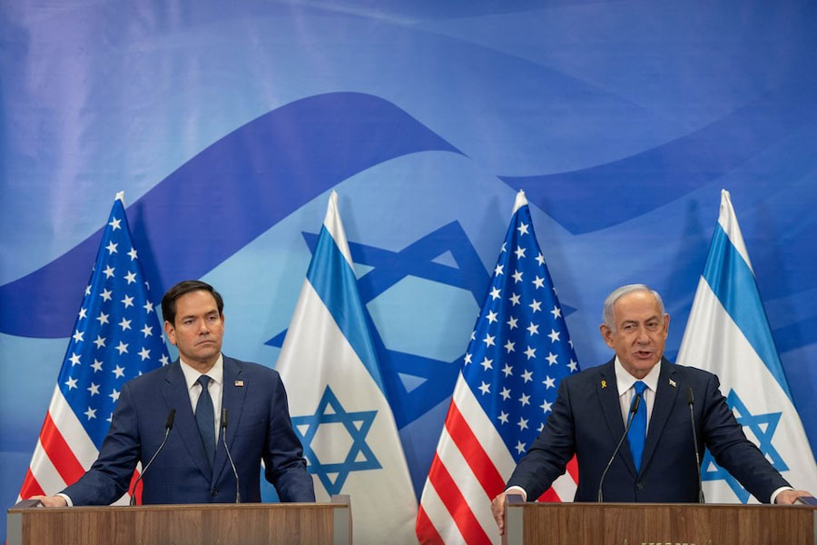 US Secretary of State Marco Rubio and Israeli Prime Minister Benjamin Netanyahu attend a press conference at the Prime Minister's office in Jerusalem, February 16, 2025.